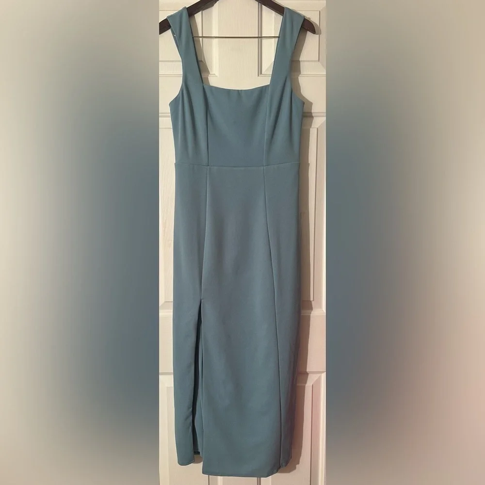 NWT SHOW ME YOUR MUMU Large Eden Stretch Midi French Blue Square Neck High Slit
